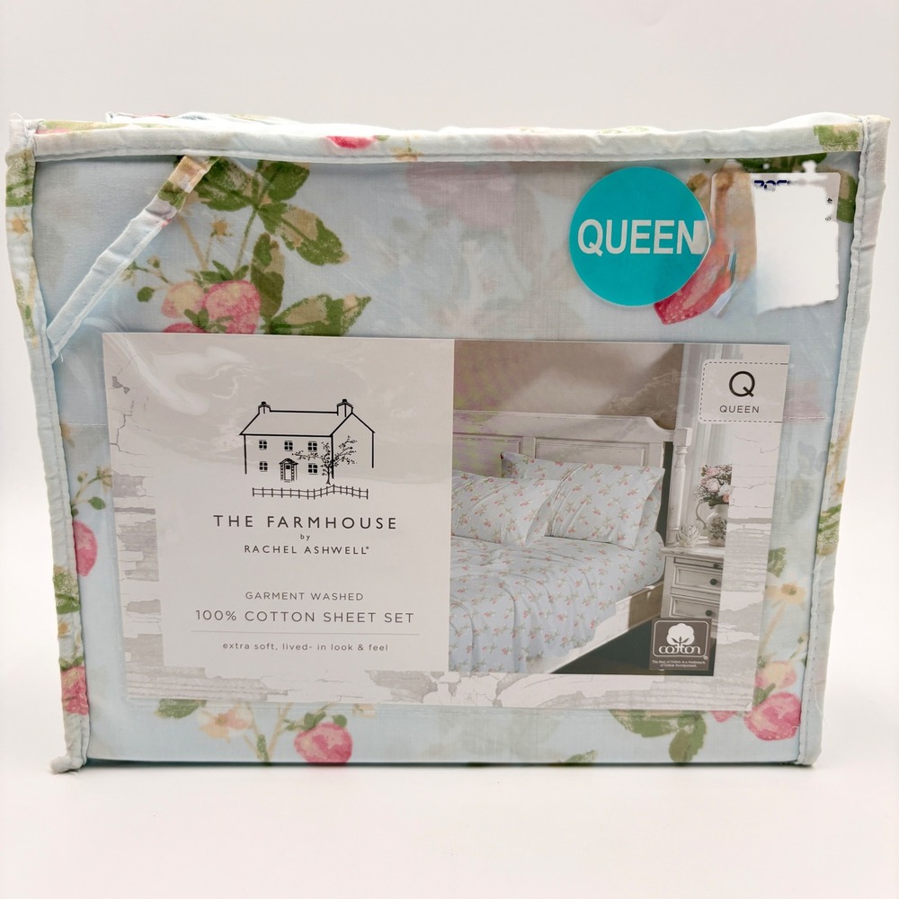 The Farmhouse by Rachel Ashwell Queen Cotton Sheet Set Floral Strawberry Blue